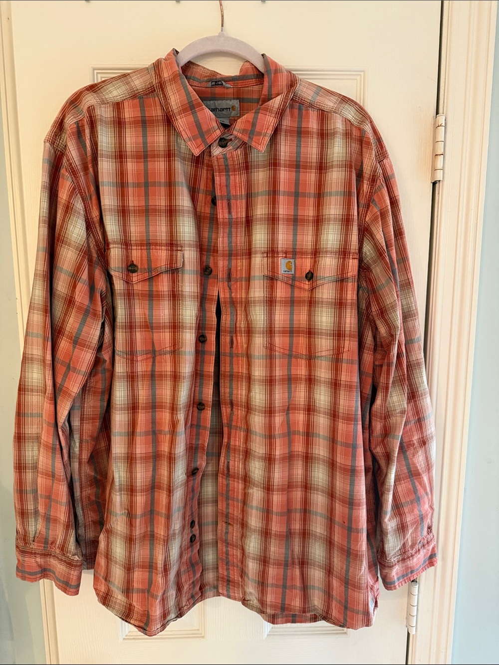 Carhartt Orange and Cream Plaid Work Shirt